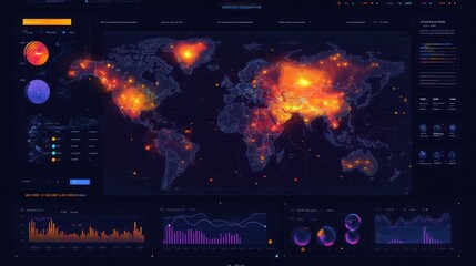 Geospatial data analytics dashboard featuring live world map, heat zones, and user interactions, 