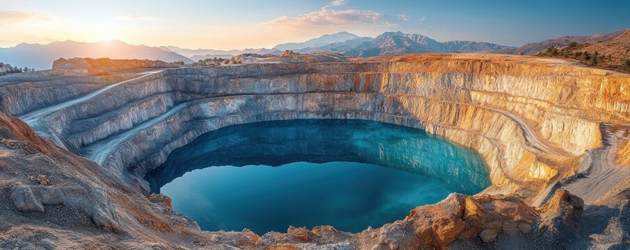 Stunning panoramic view of an expansive open-pit mine with clear blue water at the bottom, surrounded by rugged terrain and mountain scenery in the background.