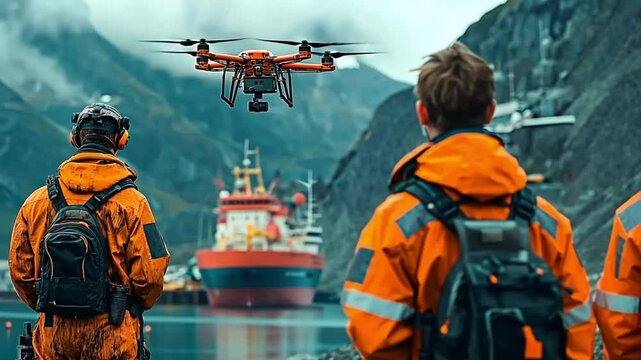 A specialized maritime crew in orange jackets monitors a hovering drone over a misty fjord. Concept of search operations, high-tech coordination, and challenging coastal terrain.