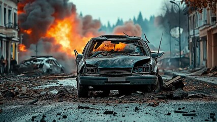 A dilapidated automobile smolders on a deserted road lined with bombed structures. Concept of collapsed civility, harsh violence, and grim confrontation.