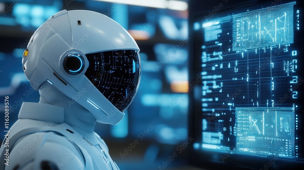 Poster Futuristic astronaut in a sleek white helmet examining advanced digital screens displaying data and graphs in a high-tech environment with glowing elements