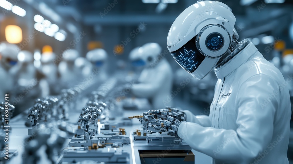 Poster Futuristic Robotics Assembly Line with Advanced Robots Performing Precision Tasks in a High-Tech Factory Environment