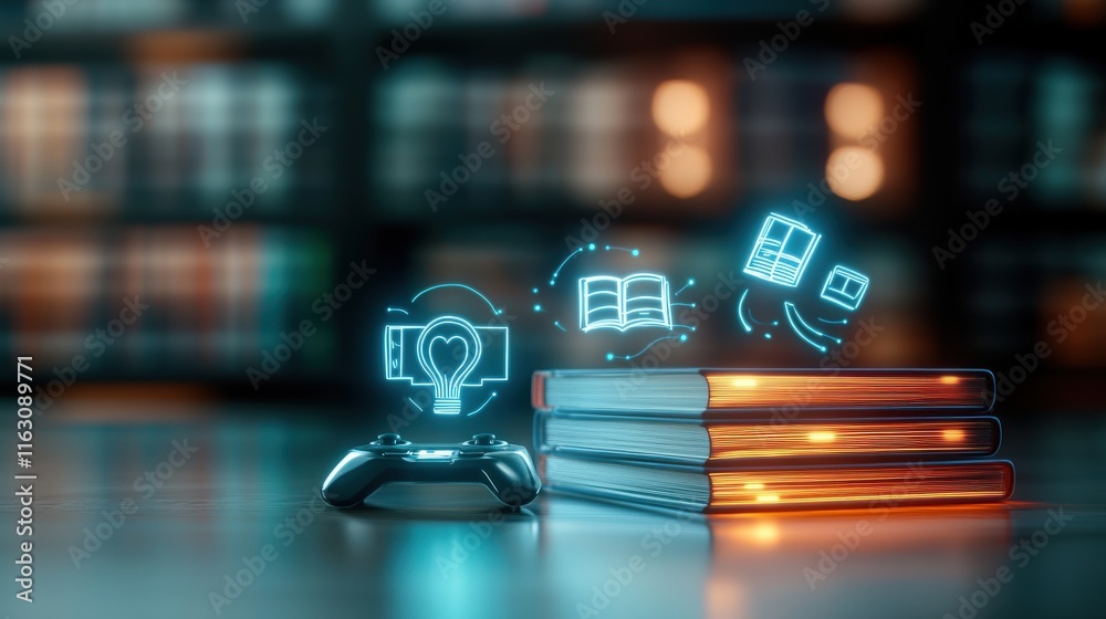 Poster conceptual illustration of modern learning with books, video game controller, and digital icons repr