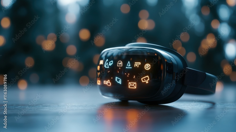 Poster Futuristic Virtual Reality Headset Positioned on a Table with Glowing App Icons Against a Softly Blurred Background of Light Bokeh