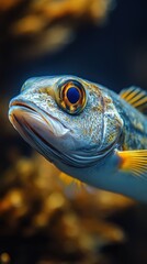 Fototapeta premium Close-up Portrait of Vibrant Fish Highlighting Detailed Scales and Striking Colors Against Soft Focus Ocean Background