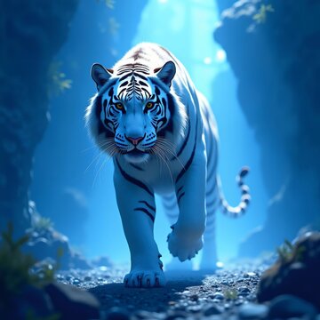 Un majestuoso tigre blanco avanza con determinaci&radic;&ge;n en un entorno natural iluminado por una luz azulada, destacando su pelaje y su mirada penetrante