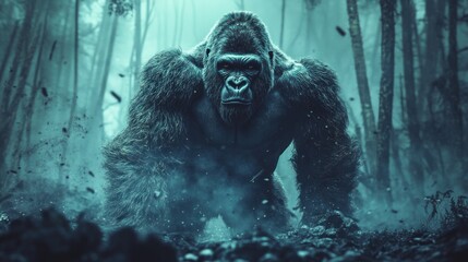 Powerful gorilla in a misty forest.