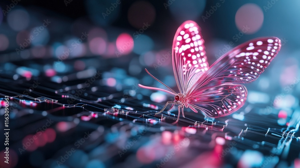 Poster Beautiful and Colorful Butterfly on a Futuristic Background with Bright Lights and Abstract Digital Elements, Symbolizing Transformation and Technology