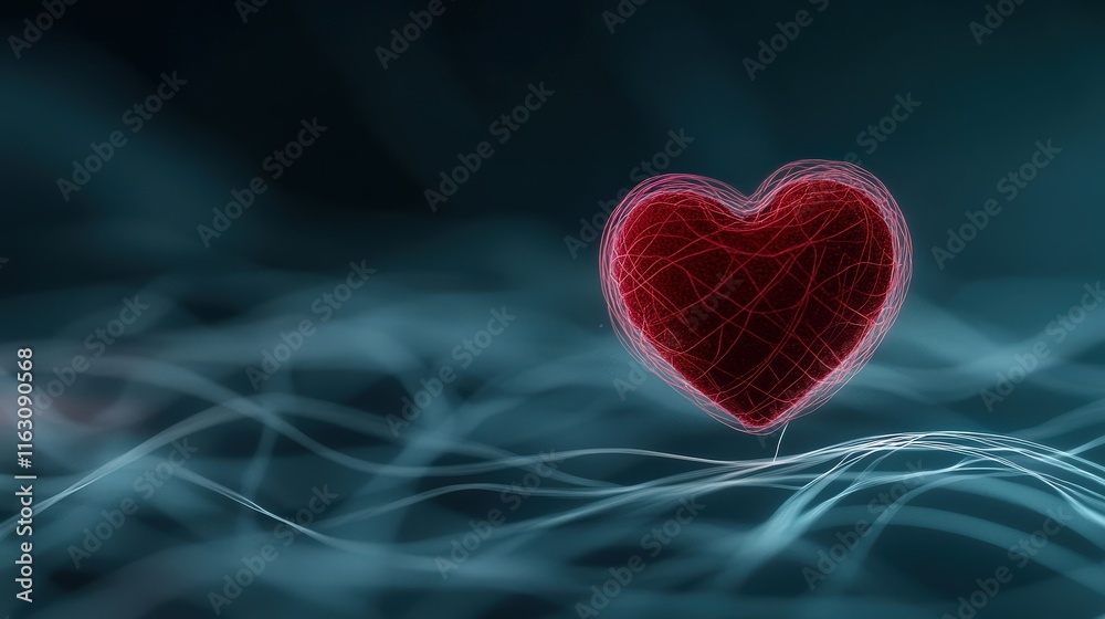 Poster Abstract illustration of a glowing heart with intricate lines and waves creating a sense of depth and emotion in a digital artwork style on a dark background