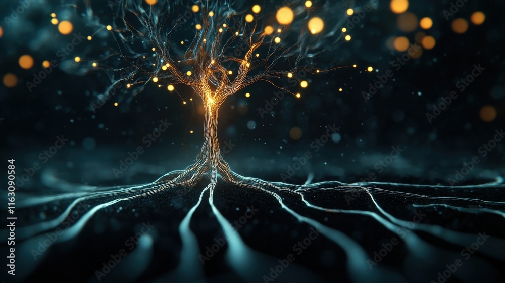 Aufkleber Ethereal Tree of Light with Glowing Roots and Branches Illuminated by Sparkling Orbs in a Dark Enigmatic Background for Fantasy and Nature Themes