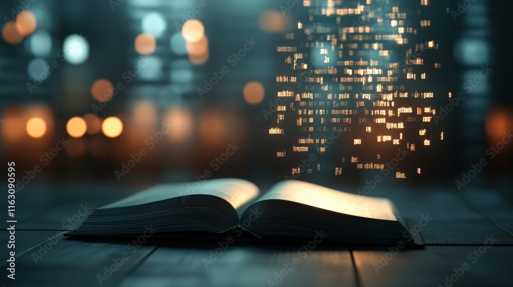 Poster Open book with floating digital text and glowing particles in a blurred library background, symbolizing knowledge, learning, and digital innovation in education