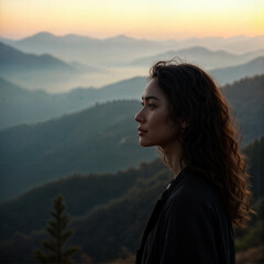 a person with long, wavy hair standing in profile against a picturesque mountainous landscape during sunset. The background is filled with layers of rolling hills and mountains, cre