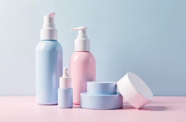 delicate pale pink and blue cosmetics packaging container for skincare, fragrance or toiletry industries on pastel background. Beauty product mock-up. Store shelf. Generative AI technology 