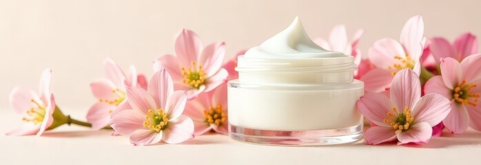 jar of cosmetic moisturizer cream on white background. Organic natural ingredients beauty product among flowers. Skin care, beauty and spa product presentation