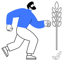 Man with a beard and blue shirt walking energetically toward tall wheat plant, leaves below. Ideal for growth, agriculture, sustainability, progress, nature, health environmental awareness. Abstract
