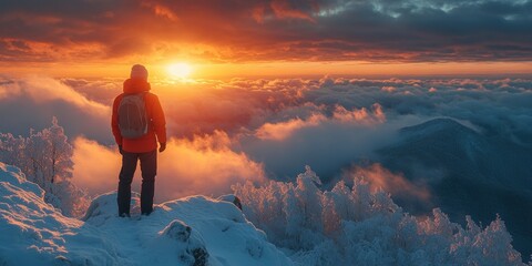 Obraz premium A solitary traveler stands on a snow-capped mountain peak, witnessing a breathtaking sunset over a vast sea of clouds and distant hills, reflecting the serene beauty and grandeur of nature