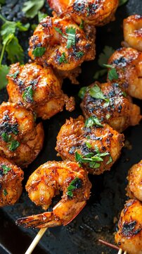 Grilled shrimp skewers garnished with fresh herbs showcase delicious flavor and vibrant presentation