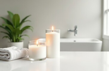 Clean white countertop for space decorated with glass candlesticks with flames. Cotton towel and potted plant with blurred bathroom background.