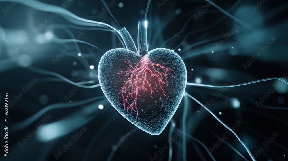 Fototapete abstract representation of a glowing heart with vascular structure intertwined in a web of light, sy