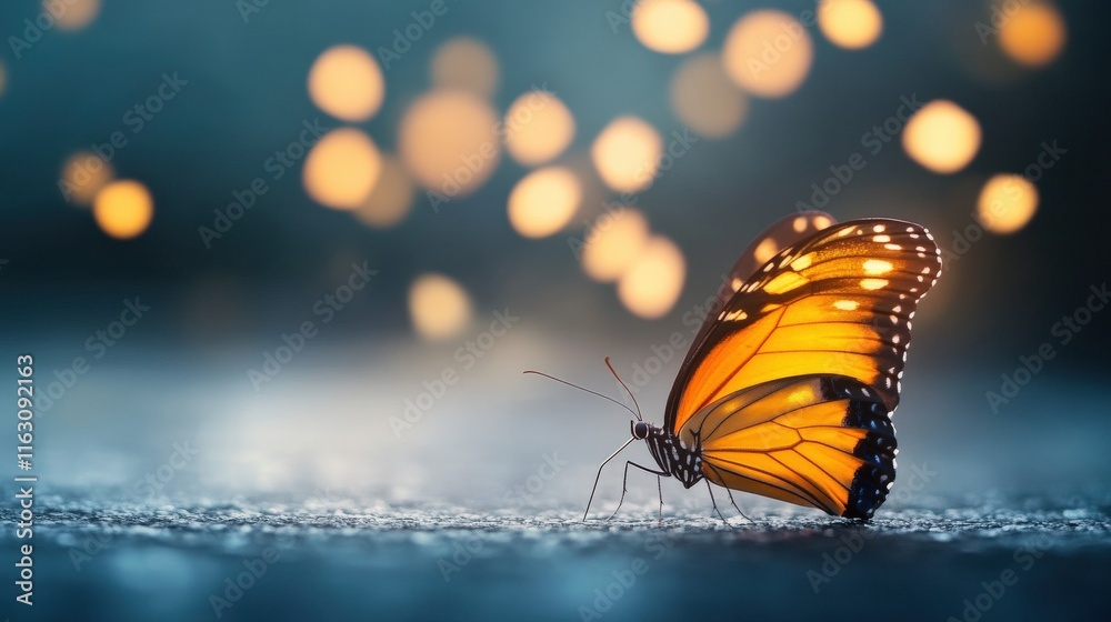 Aufkleber vibrant monarch butterfly resting on a surface with glowing bokeh lights in the background, capturin