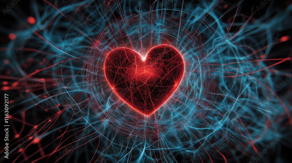 Poster Vibrant Heart Symbol with Blue and Red Lines Representing Energy Flow and Connection in Abstract Digital Art, Perfect for Themes of Love and Technology