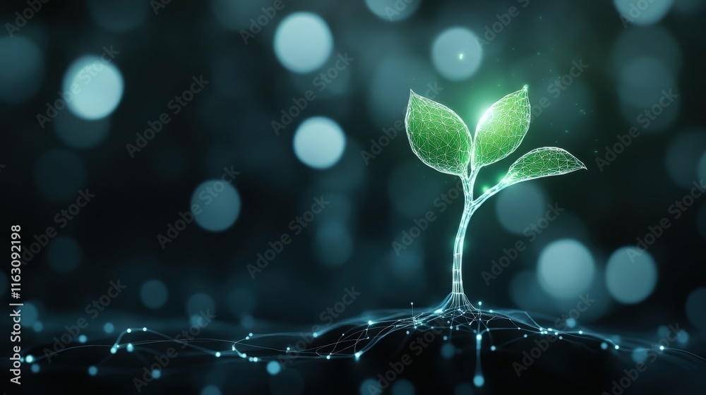 Poster Digital representation of a sprouting plant symbolizing growth and innovation in technology, showcasing a blend of nature and digital elements with vibrant colors and glowing effects.