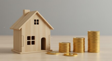Wooden house model and coins stack budget home new year concept, Wooden house model with text 2025 on a table, Real estate new year concept