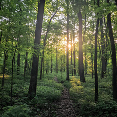 Obraz premium Ethereal Dawn in a Serene Forest: A Hidden Sanctuary and Nature's Beauty Unveiled