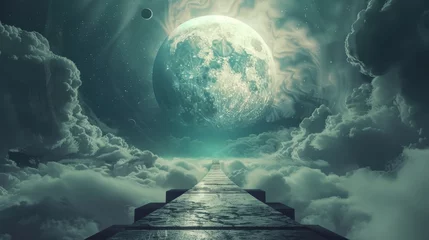 Gordijnen Kaki Futuristic sci fi landscape featuring fantasy industrial structures with planets in the sky  © Daria