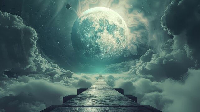 Futuristic sci fi landscape featuring fantasy industrial structures with planets in the sky