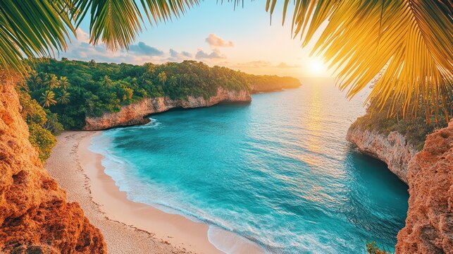 Secluded tropical beach cove at sunset, viewed through palm fronds.
