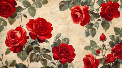 Lush Red Roses Blooming Abundantly In A Painted Garden