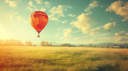 Fototapeta premium Scenic Hot Air Balloon Over Sunlit Meadow Landscape in a Tranquil Sky, Ideal for Travel & Adventure Themes