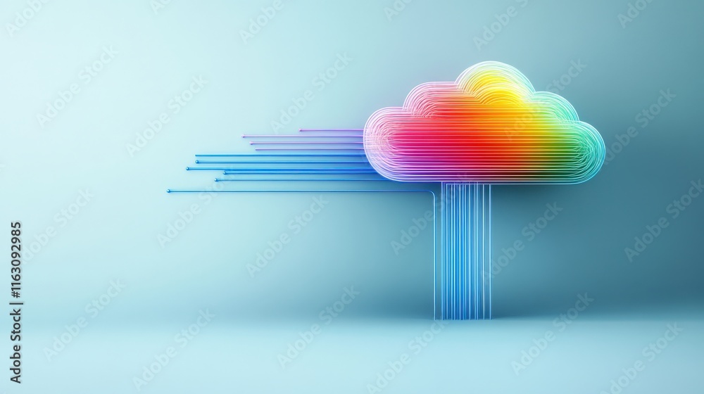 Poster Colorful cloud design with vibrant stripes representing data flow and connectivity, ideal for technology and digital innovation themes in stock photography