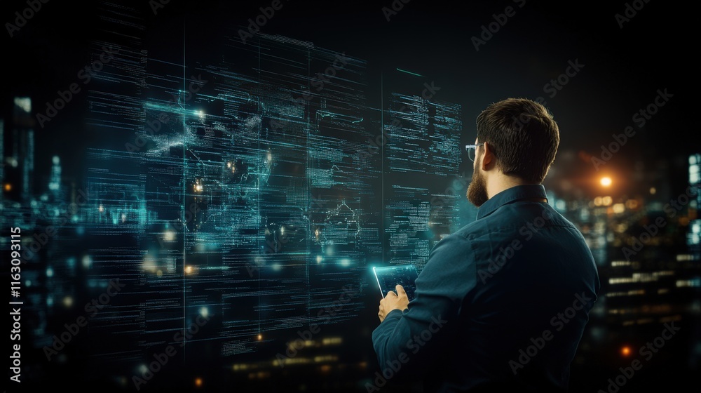 Poster professional male using digital tablet to analyze futuristic interface with data and technology in a