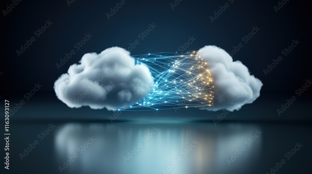 Aufkleber Abstract Concept of Digital Cloud Interaction with Interconnected Lines and Glowing Effects Representing Data Transfer in a Futuristic Environment