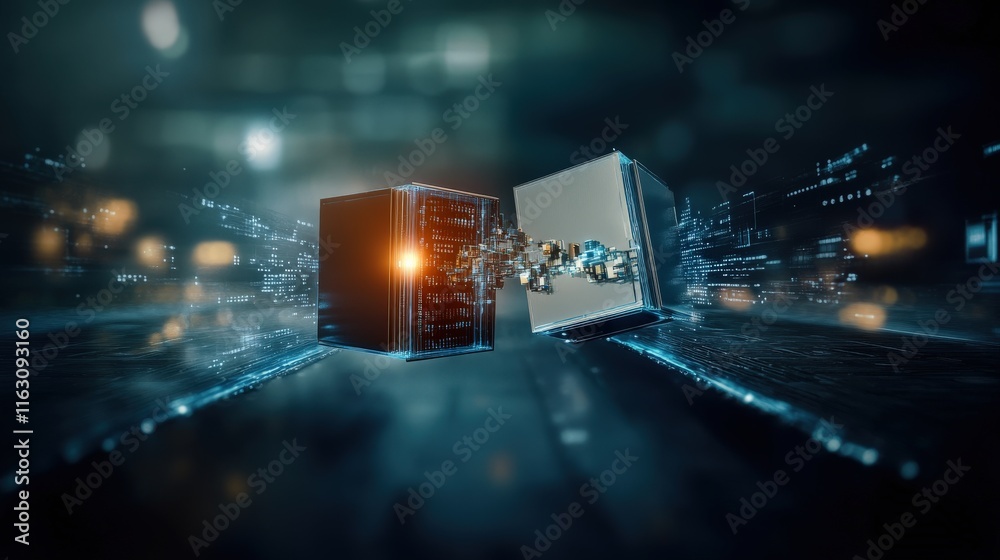 Leinwandbilder Futuristic Data Exchange Between Two Cubes in a Digital Space Representing Technology and Innovation, with Data Flow and Light Effects Enhancing the Scene