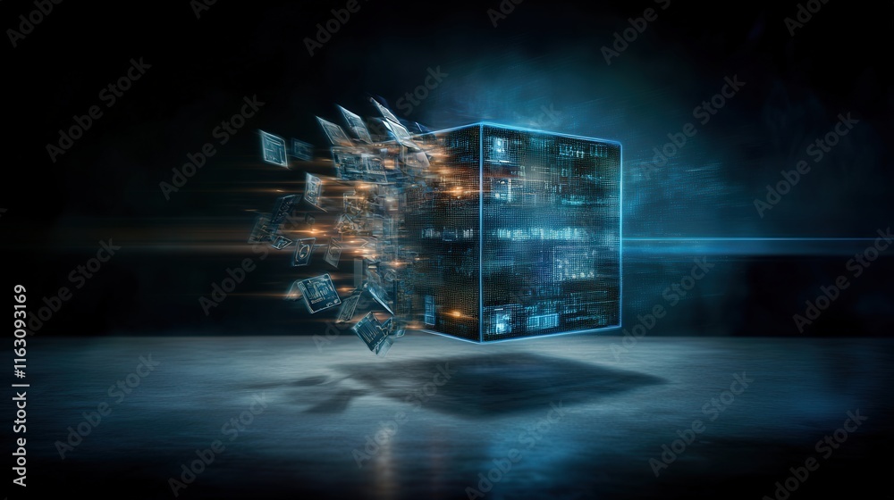 Poster Futuristic Digital Data Cube with Glowing Fragments, 3D Render of Technology Concept, Abstract Visualization of Data Transfer and Information Processing