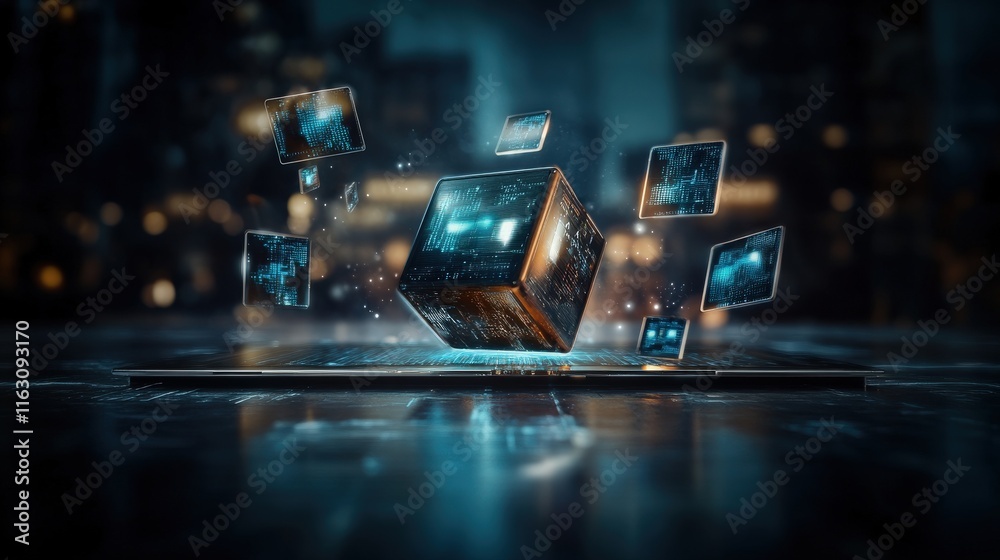 Aufkleber Abstract digital technology concept with floating cubes and glowing data effects representing innovation, computing, and futuristic design in a modern environment