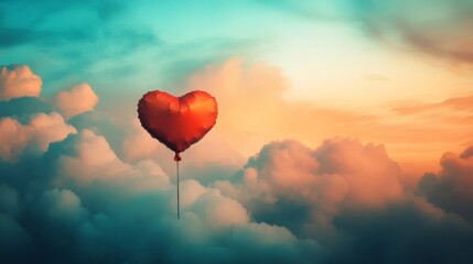 Fototapeta premium Red Heart Shaped Balloon Soaring Above Cloudscape