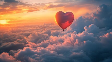 Fototapeta premium Heart Shaped Balloon Soaring Above Sunset Cloudscape