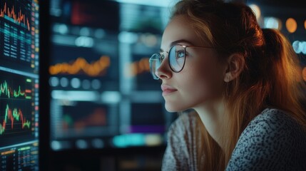 A dedicated professional woman with glasses intently analyzing complex data on multiple computer screens in a modern data-driven workspace environment.