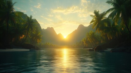 Serene sunset over tropical beach with palm trees and mountains.