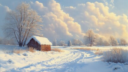 Obraz premium Snowy winter landscape featuring small wooden cabin nestled in snowy field. Winding path leads through pristine snow-covered expanse. Trees laden with frost, ice stand sentinel against backdrop of
