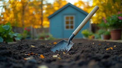 Garden Shovel Resting In Autumn Soil Near Shed