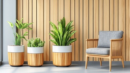 A cozy interior featuring decorative plants and a wooden chair against a slatted wall.