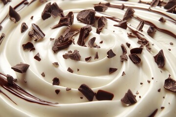 Fototapeta premium Close up of luxurious swirl of white and milk chocolate cream with shavings under soft lighting
