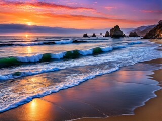 Naklejka premium Captivating coastal sunset view, waves lapping at shores, stunning colors painting the sky, ideal for promoting travel, relaxation, and outdoor adventures, evoking feelings of peace and serenity.