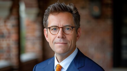 Fototapeta premium A portrait of a middle-aged individual in formal attire, wearing glasses and showcasing professional demeanor against a brick wall background with soft lighting