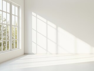 Fototapeta premium Empty corner of minimalist living room with natural lighting. Large window fills room with sunlight casting shadows on wall. Neutral tones create calm, stylish interior design. Perfect for real